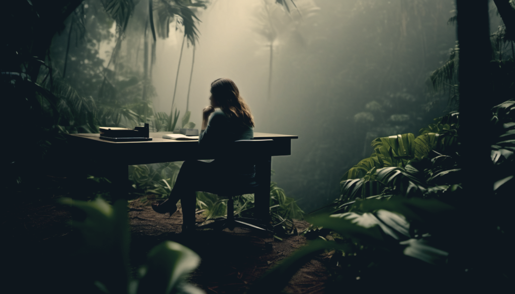 image of a woman sitting in a jungle at a desk.